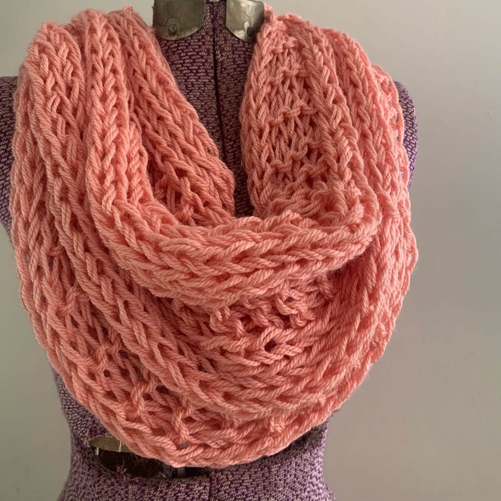 handknit infinity scarf in a light soft acrylic - coral salmon color